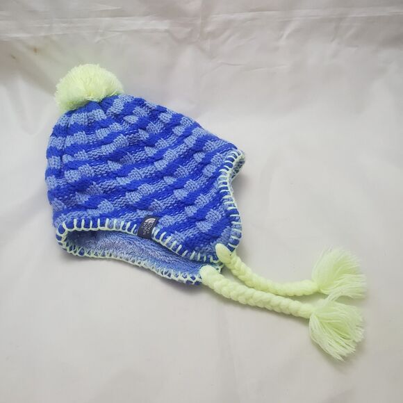 The North Face Kids Beanie Knit Green Blue Small Plush Earflap Pompom Striped - Picture 1 of 7